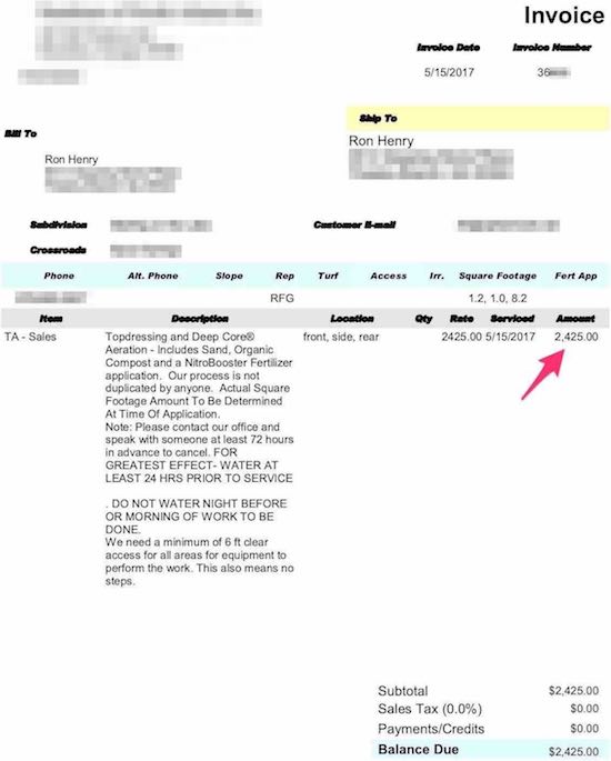 top dressing invoice for golf course lawn